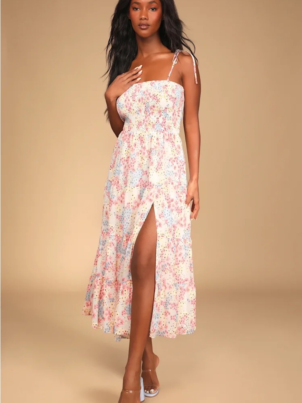 Lulus - Floral Smocked Midi Dress - Cream with Pink & Blue Flowers